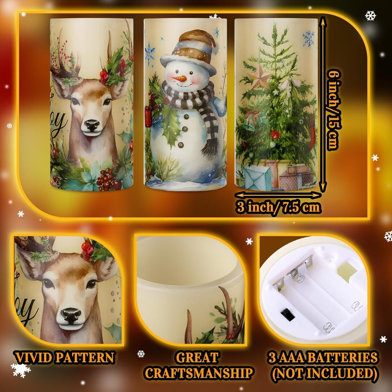 ROCEEI Store 3 Pcs Winter Retro Candles Vintage Style Battery Operated LED Candles Winter Retro Pillar Flickering Real Wax Decorations for Indoor Table Decor Happy New Year Gifts Holiday Party - Image 2
